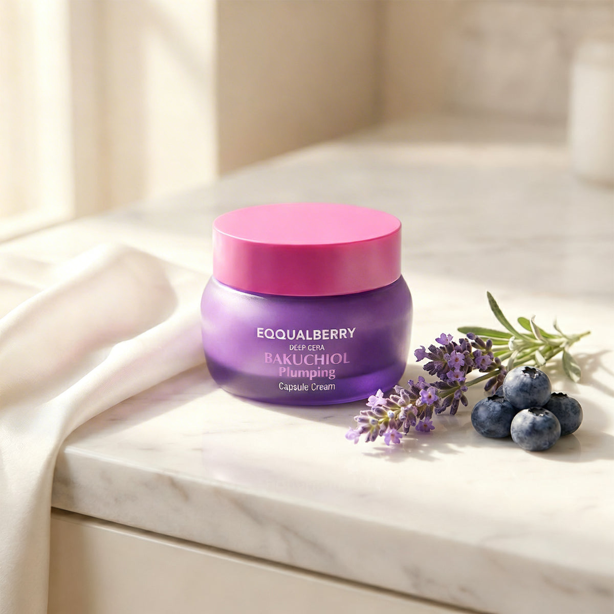 Eqqualberry Bakuchiol Plumping Capsule Cream on marble vanity with lavender
