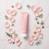 Medicube PDRN Pink Cream with pink flowers and water droplets