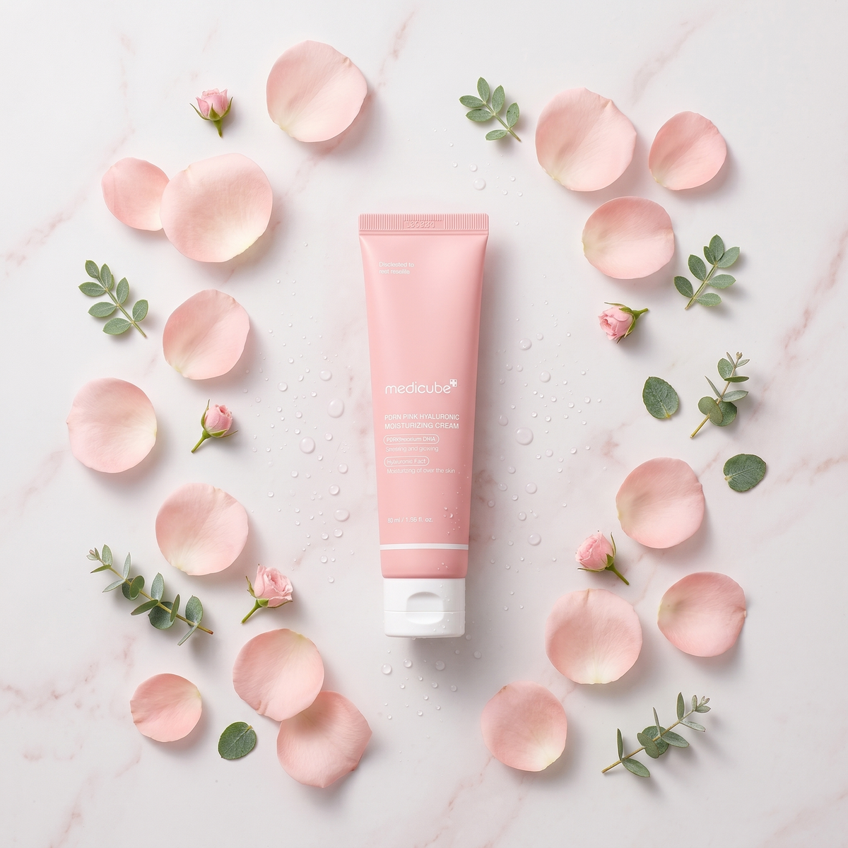 Medicube PDRN Pink Cream with pink flowers and water droplets