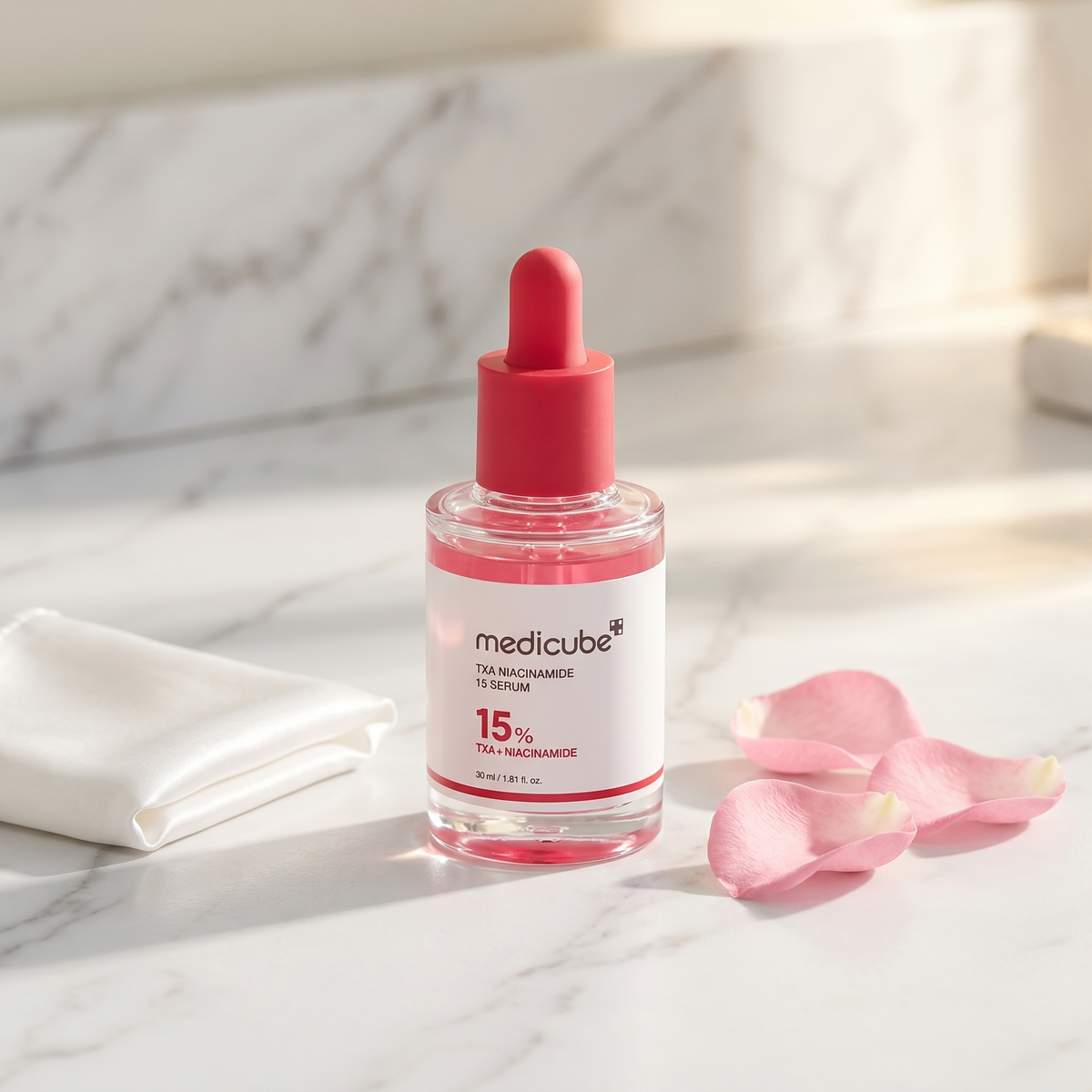 Medicube TXA Niacinamide 15 Serum on white marble vanity