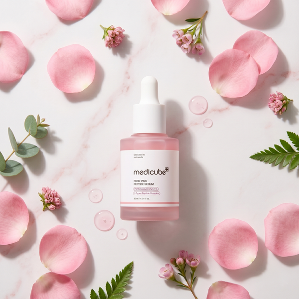 Medicube PDRN Pink Serum with pink flowers and collagen droplets