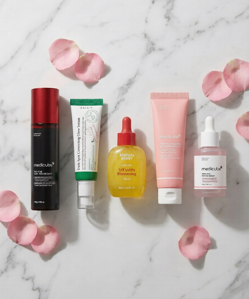 Korean skincare routine products flat lay