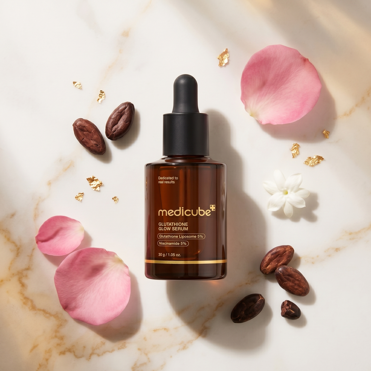 Medicube Glutathione Glow Serum with cocoa beans and pink flowers