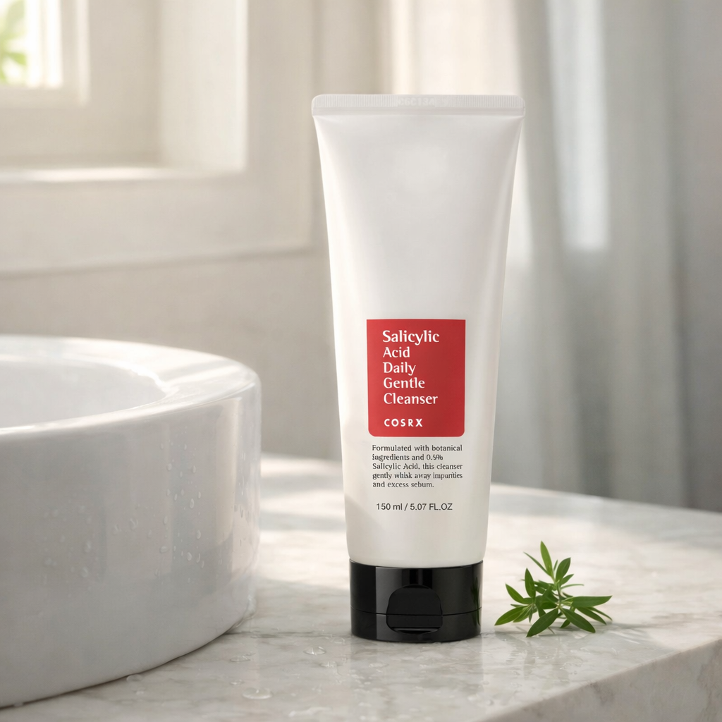 COSRX Salicylic Acid Daily Gentle Cleanser next to bathroom sink