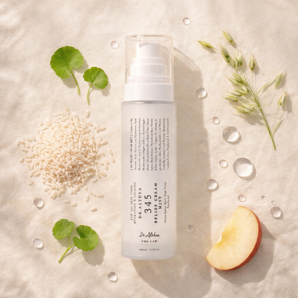 Dr.Althea 345 Relief Cream Mist with rice grains, centella leaves and water droplets