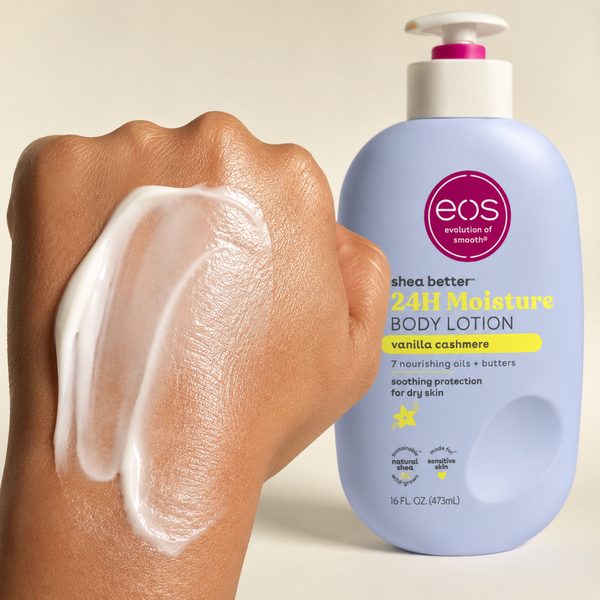 eos Vanilla Cashmere Body Lotion creamy texture swatched on skin