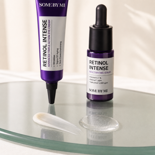 Some By Mi Retinol Intense Serum and Eye Cream creamy textures swatched on skin
