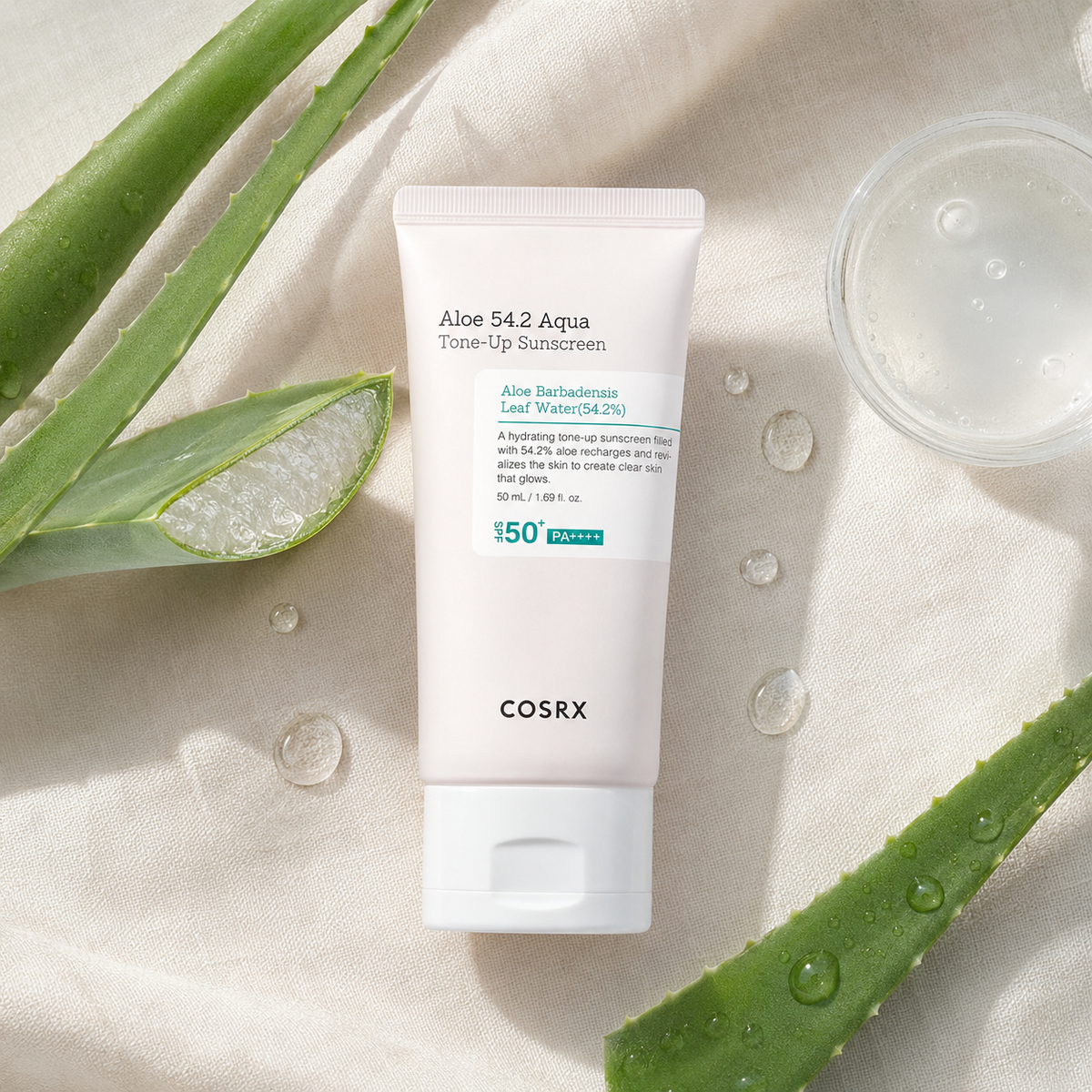 COSRX Aloe Tone-Up Sunscreen with fresh aloe leaves and clear gel