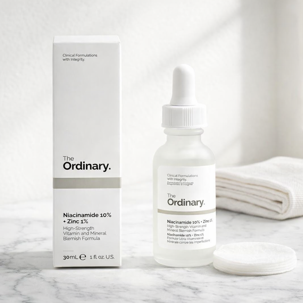 The Ordinary Niacinamide 10% + Zinc 1% Serum on white marble vanity