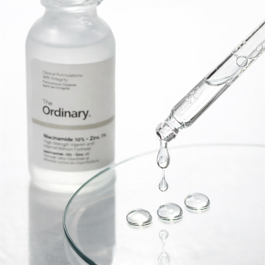 The Ordinary Niacinamide Zinc Serum clear droplets on glass surface