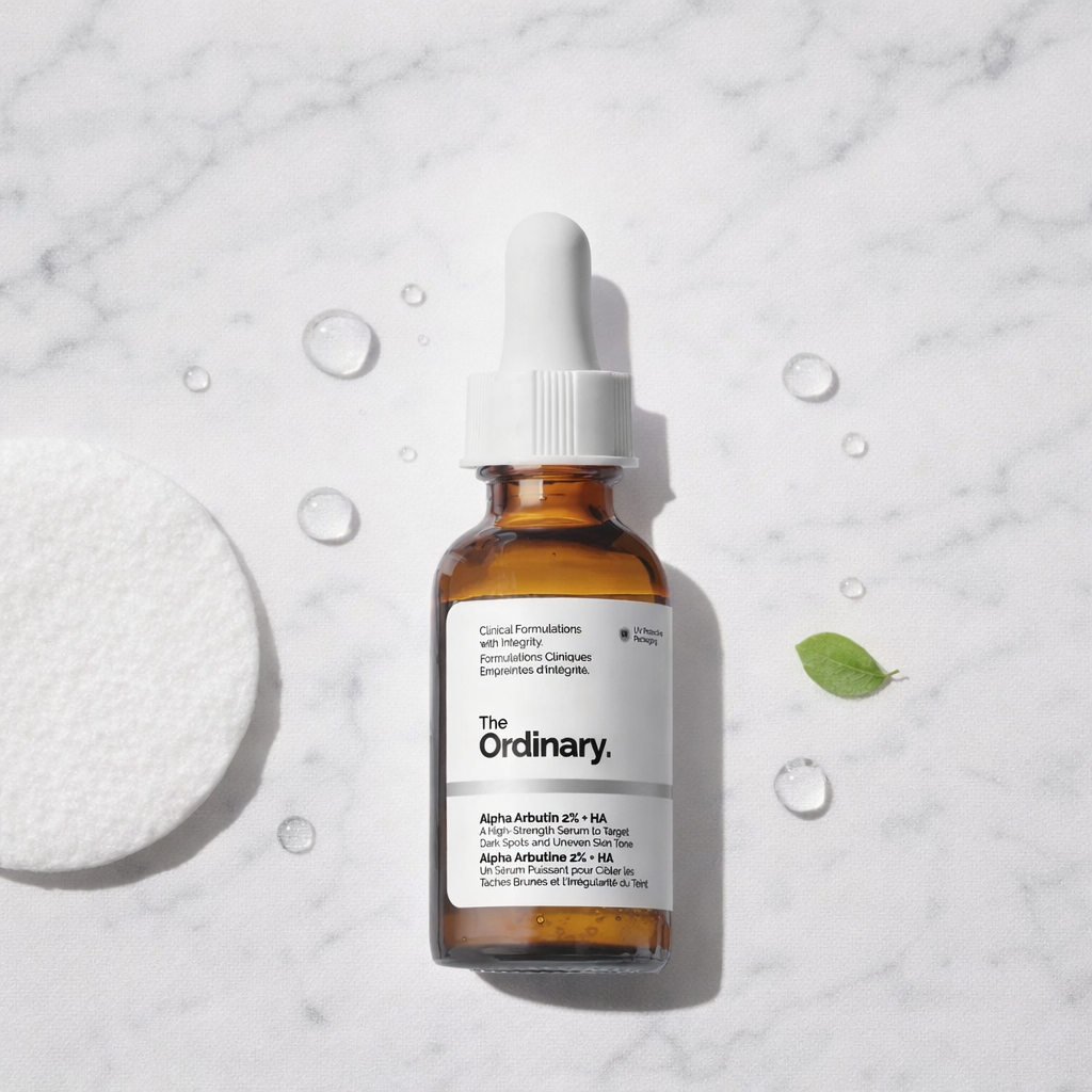 The Ordinary Alpha Arbutin Serum on clean minimal white surface