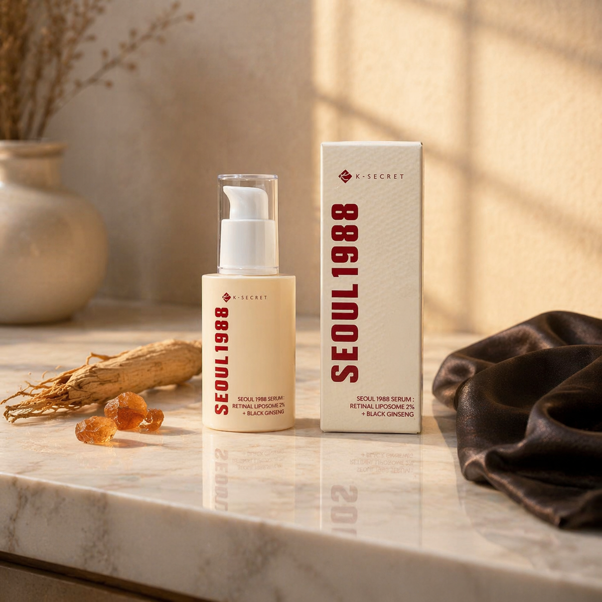 K-Secret Seoul 1988 Retinal Liposome Serum on white marble vanity