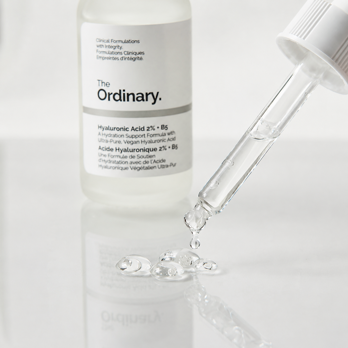 	The Ordinary Hyaluronic Acid 2% + B5 serum clear droplets on glass surface