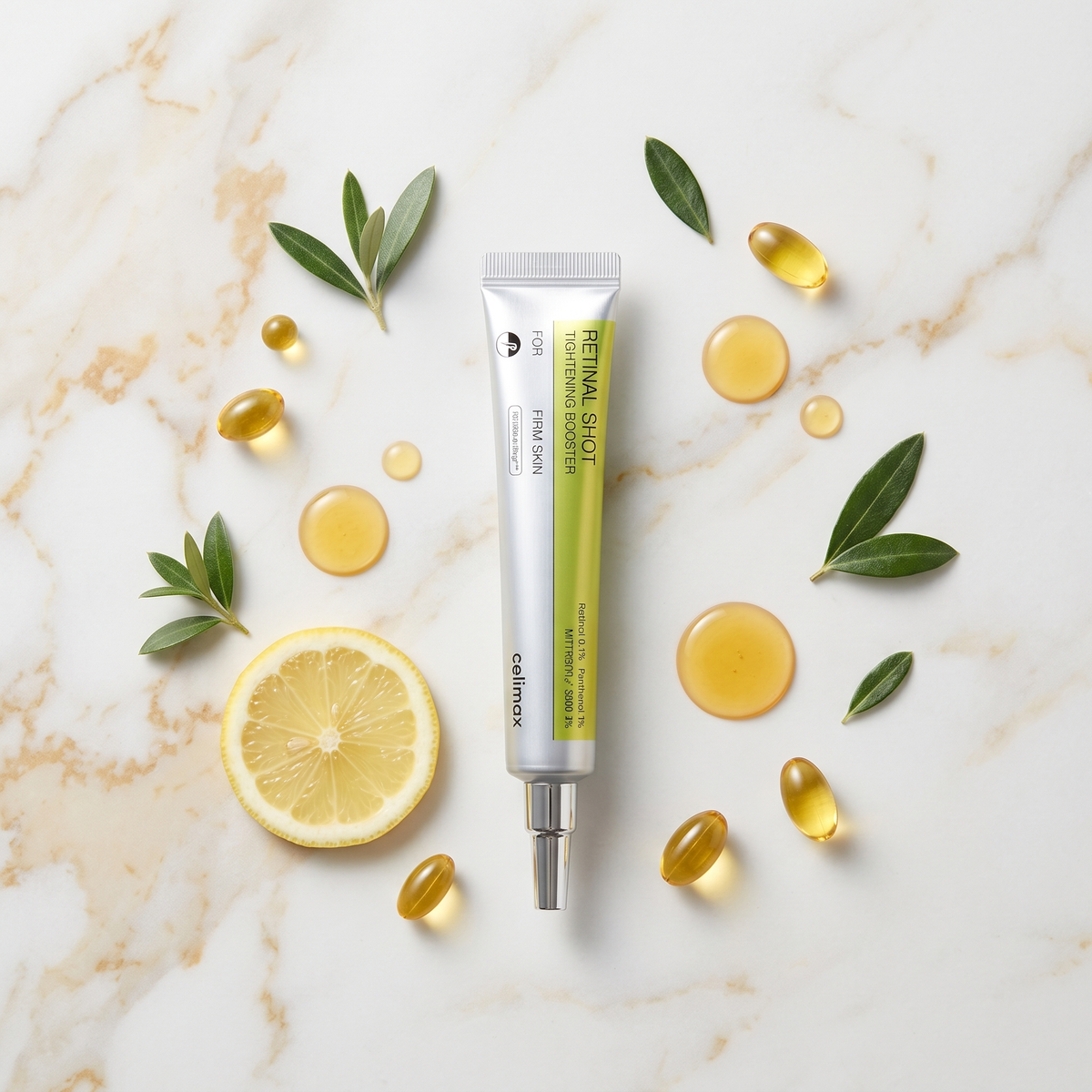Celimax Retinal Shot with golden droplets and green leaves