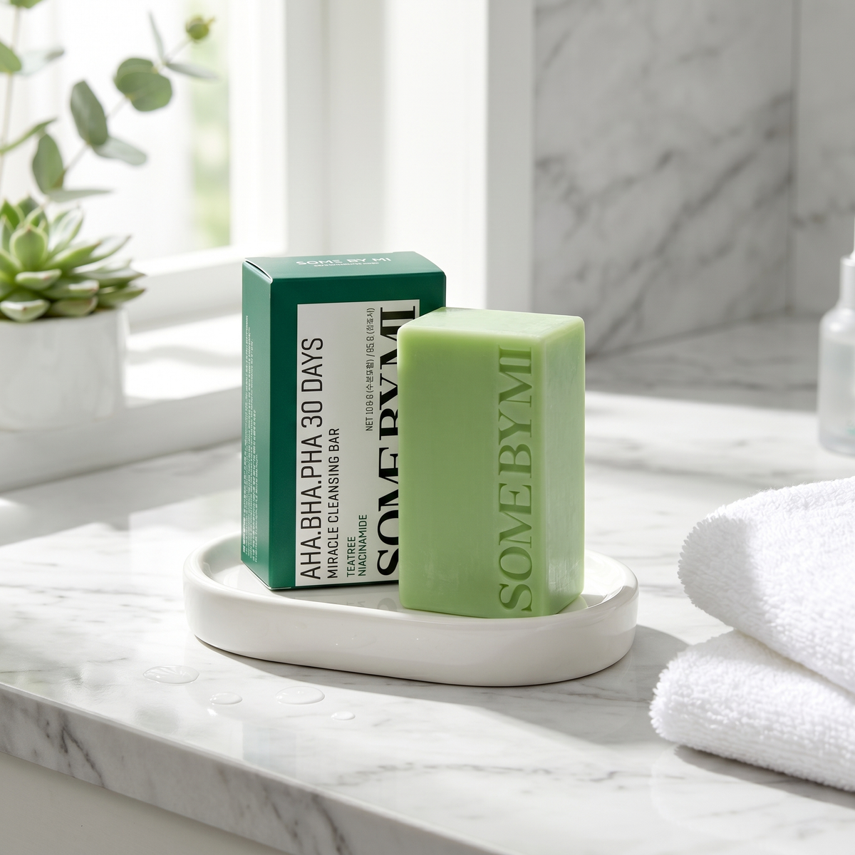 Some By Mi AHA BHA PHA Miracle Cleansing Bar on marble bathroom shelf